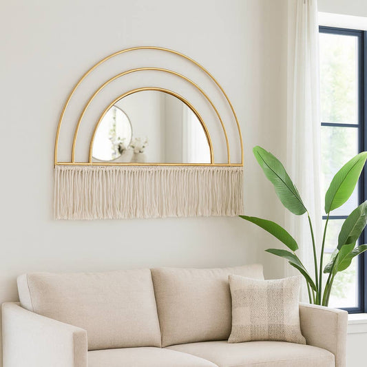 Metal Wood Arched Wall Mirror Macrame Accents - Gold, 17 in.