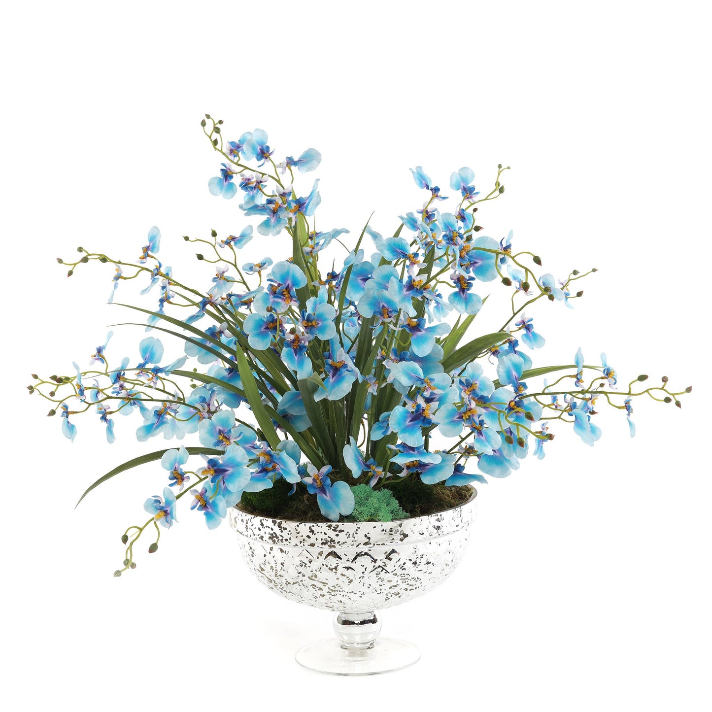 Blue Silk Oncidium Orchid Arrangement in Antique Silver Vase