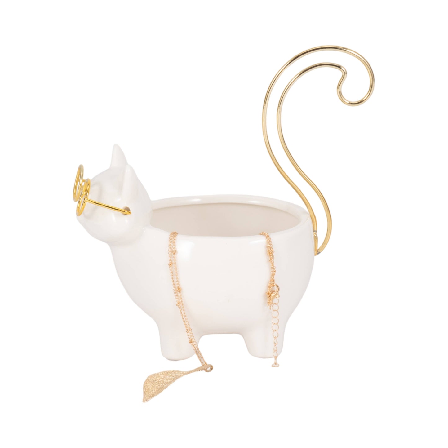 Ceramic Boho Novelty Cat Trinket Tray - White/Gold, 6 in.