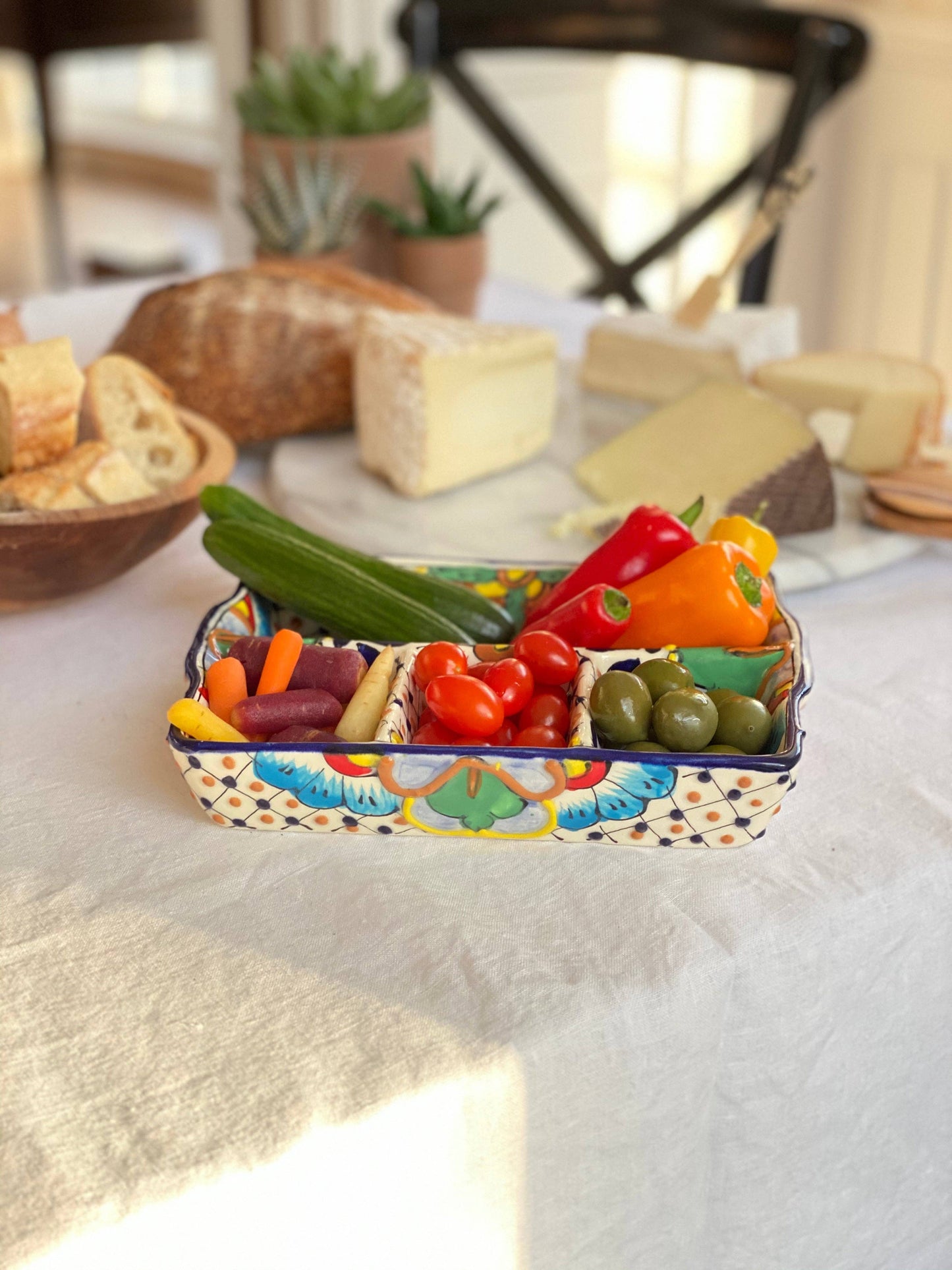 Encantada Handmade Pottery 9-inch Divided Platter, Dots & Flowers