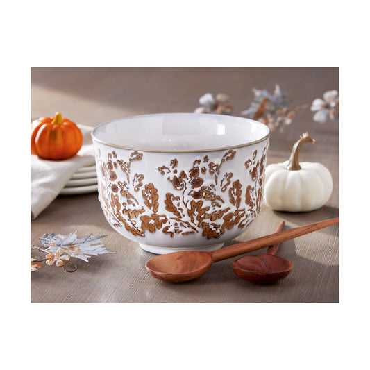 Leaf + Acorn Tall Serve Bowl - White