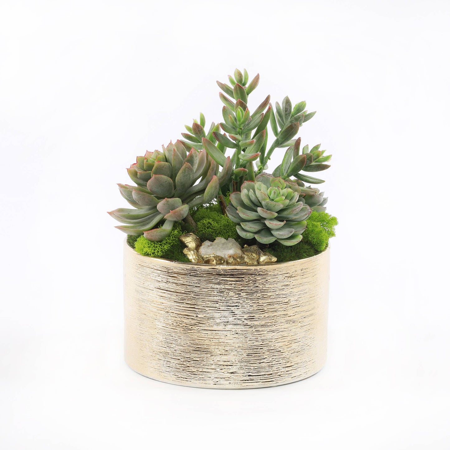 Faux Sedum & Succulent Arrangement in Etched Golden Pot