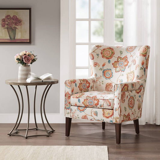 Eclectic Orange Floral Round Wingback Accent Chair *