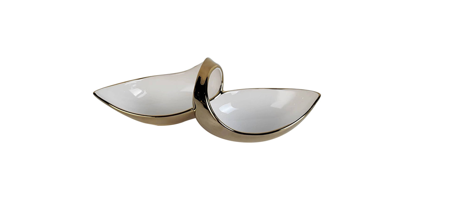 White Porcelain Double Snack Bowl With Gold 13"