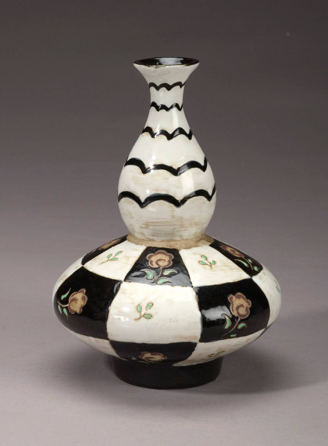 Black & White Vase w/ Floral Accents 10.5"