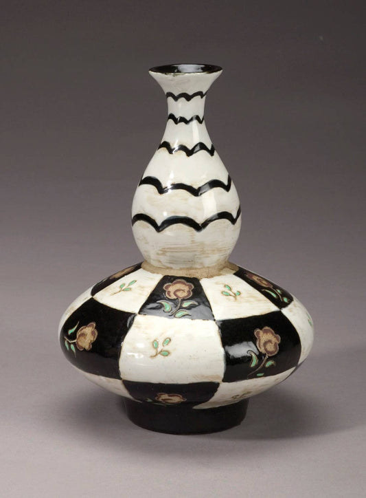 Black & White Vase w/ Floral Accents 10.5"