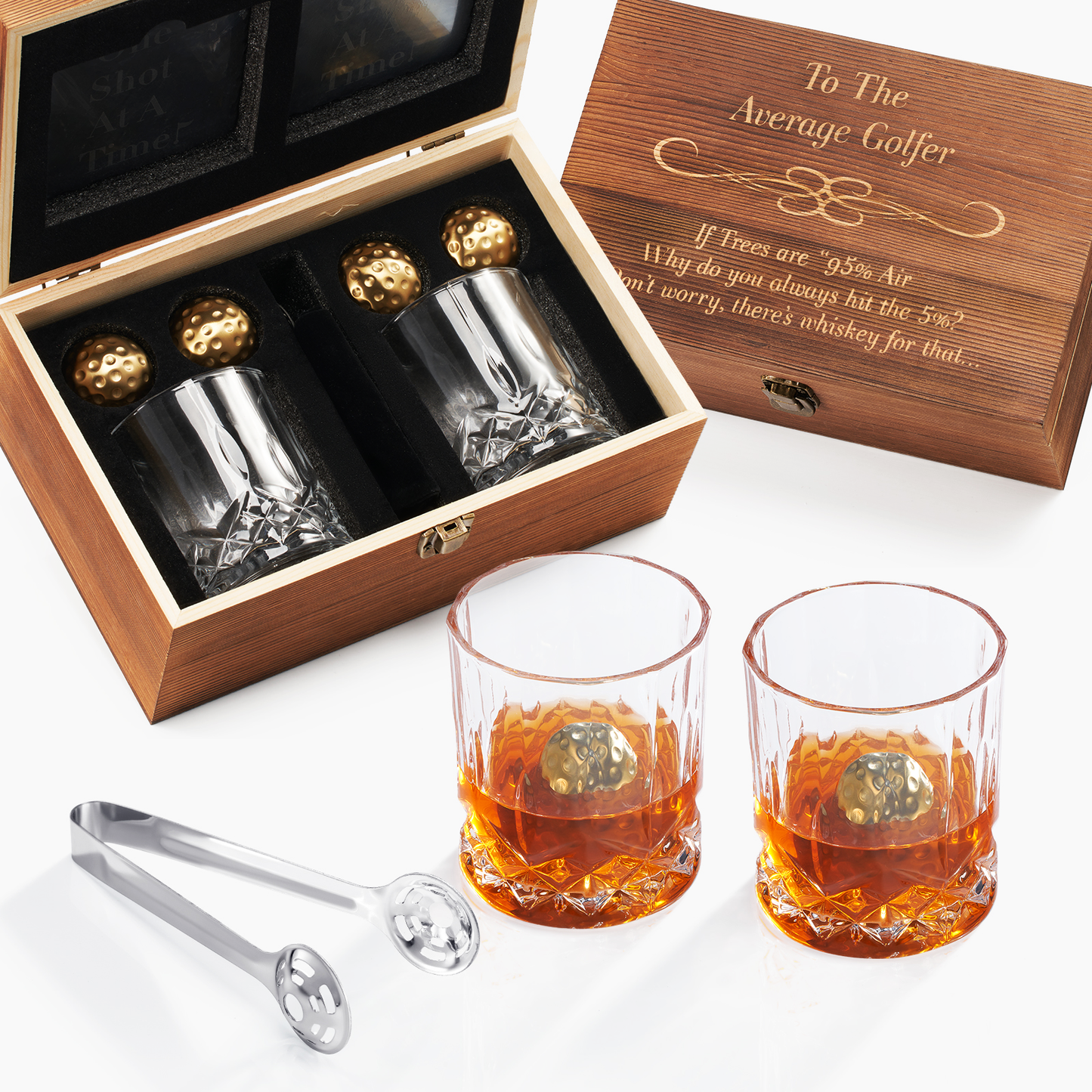 Golf Ball Whiskey Chillers & Glasses With Wood Gift Box