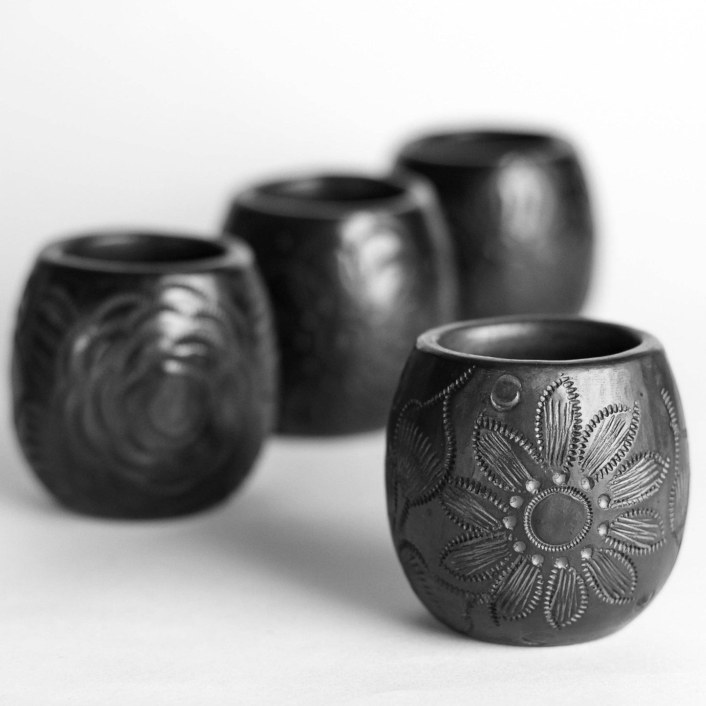 Black Clay Mexican Shot Glasses - Set of 4 - 2 Oz -Barrel