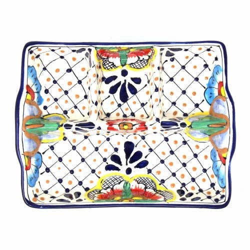 Encantada Handmade Pottery 9-inch Divided Platter, Dots & Flowers