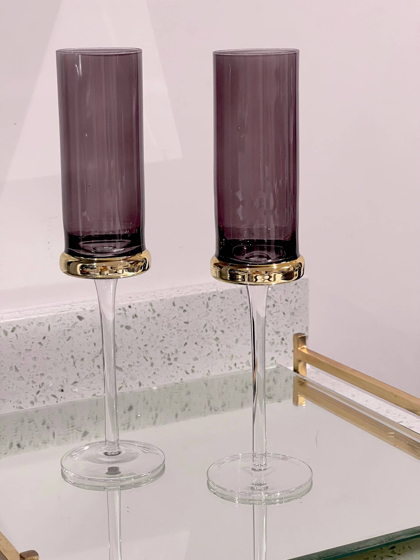 Set of 6 Flute Glasses Tinted Black with Gold Band