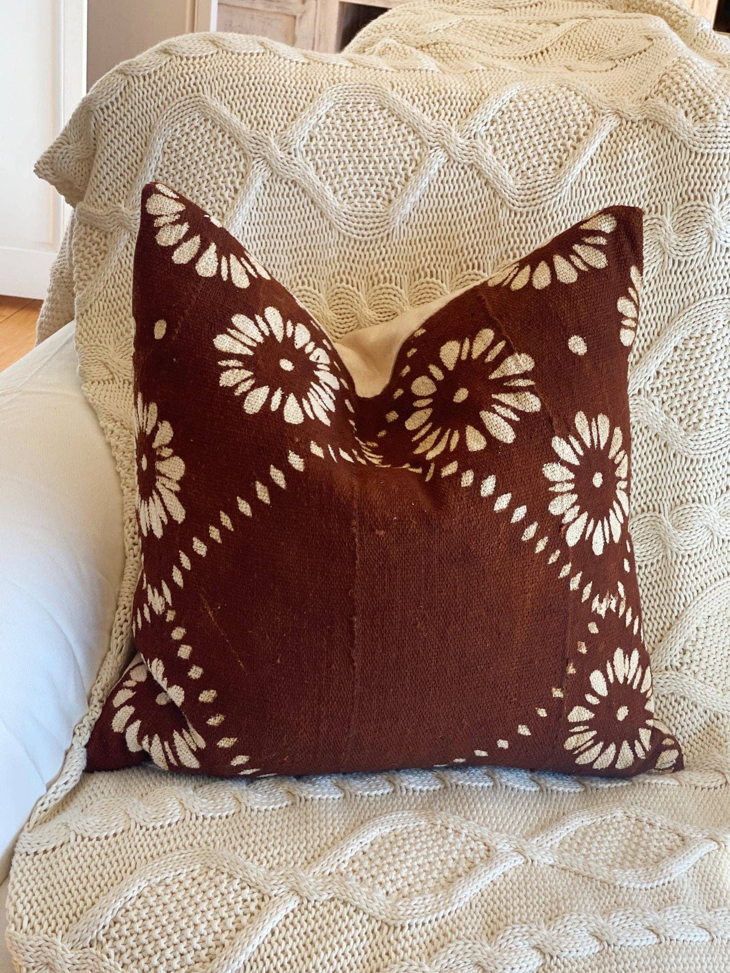 Authentic Mudcloth Rust Boho Flower Pillow