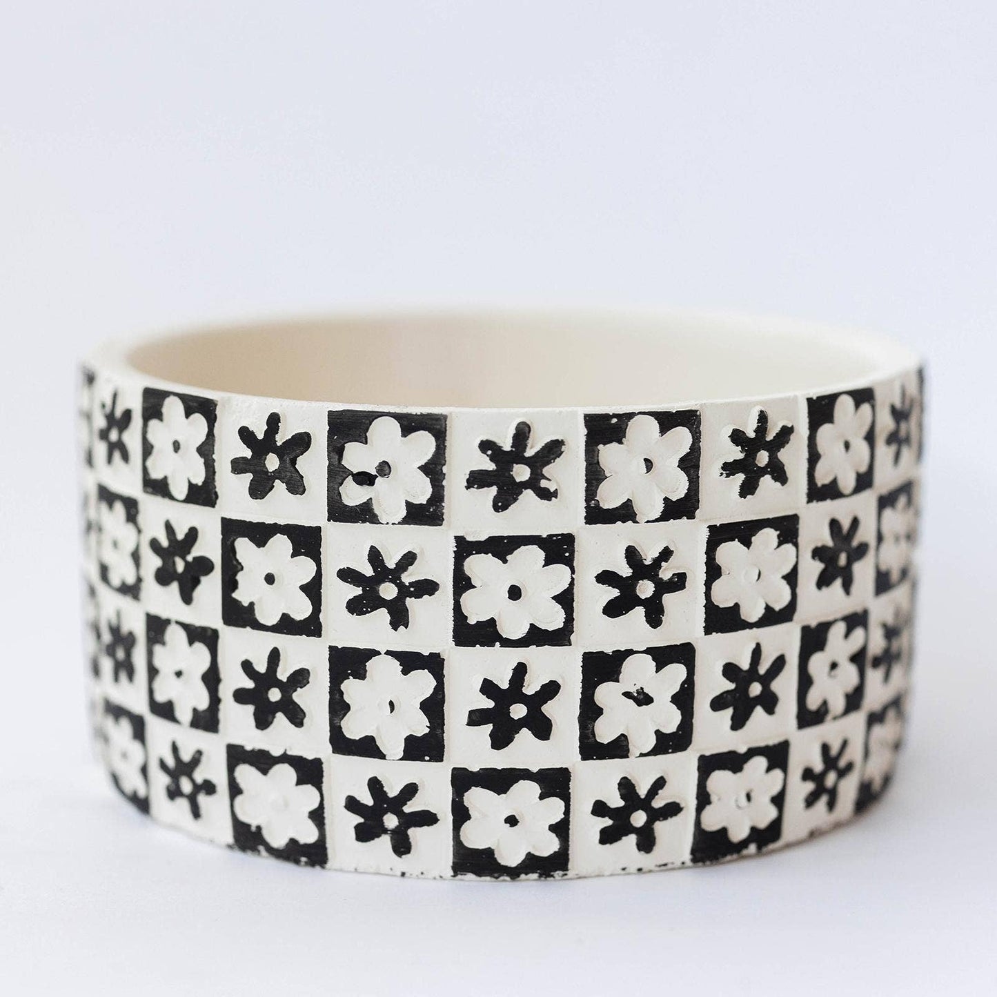 Cement Flower Pot "Checkers and Flowers", Black