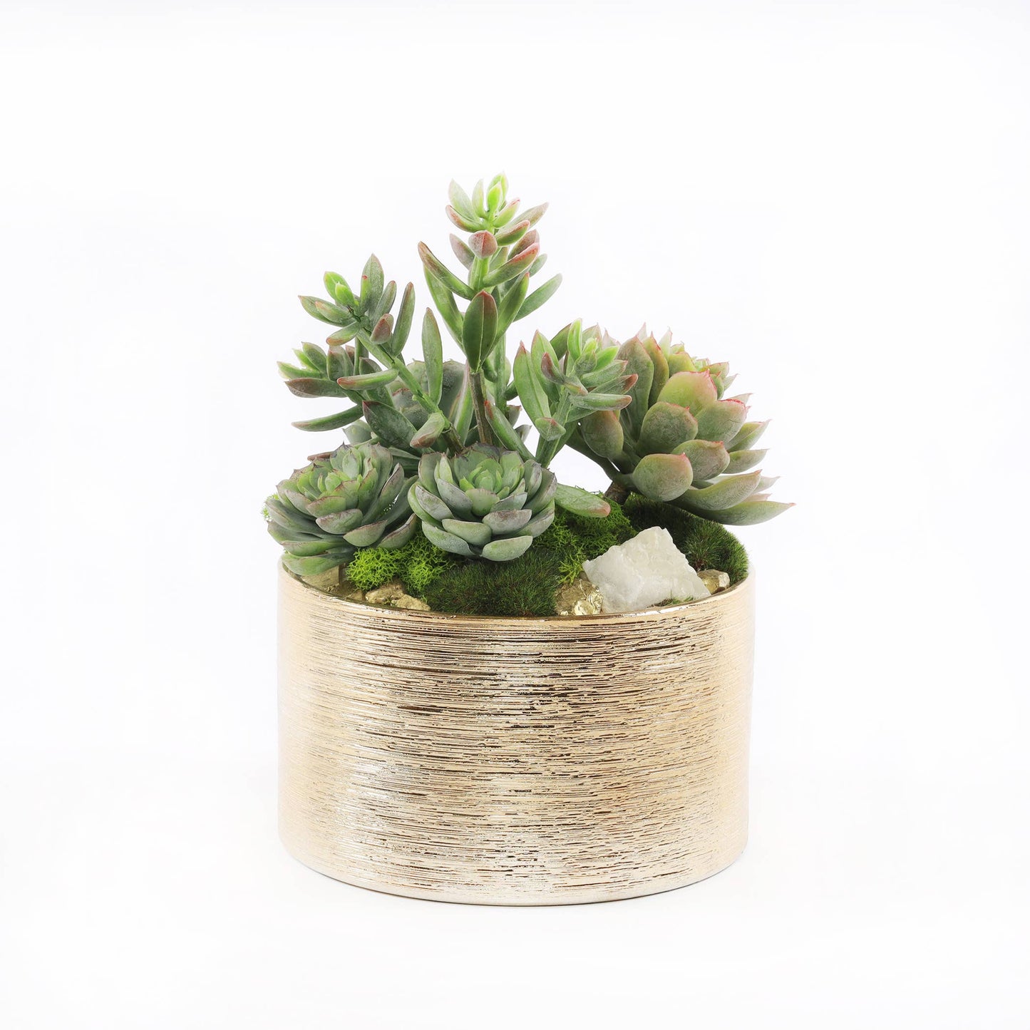 Faux Sedum & Succulent Arrangement in Etched Golden Pot