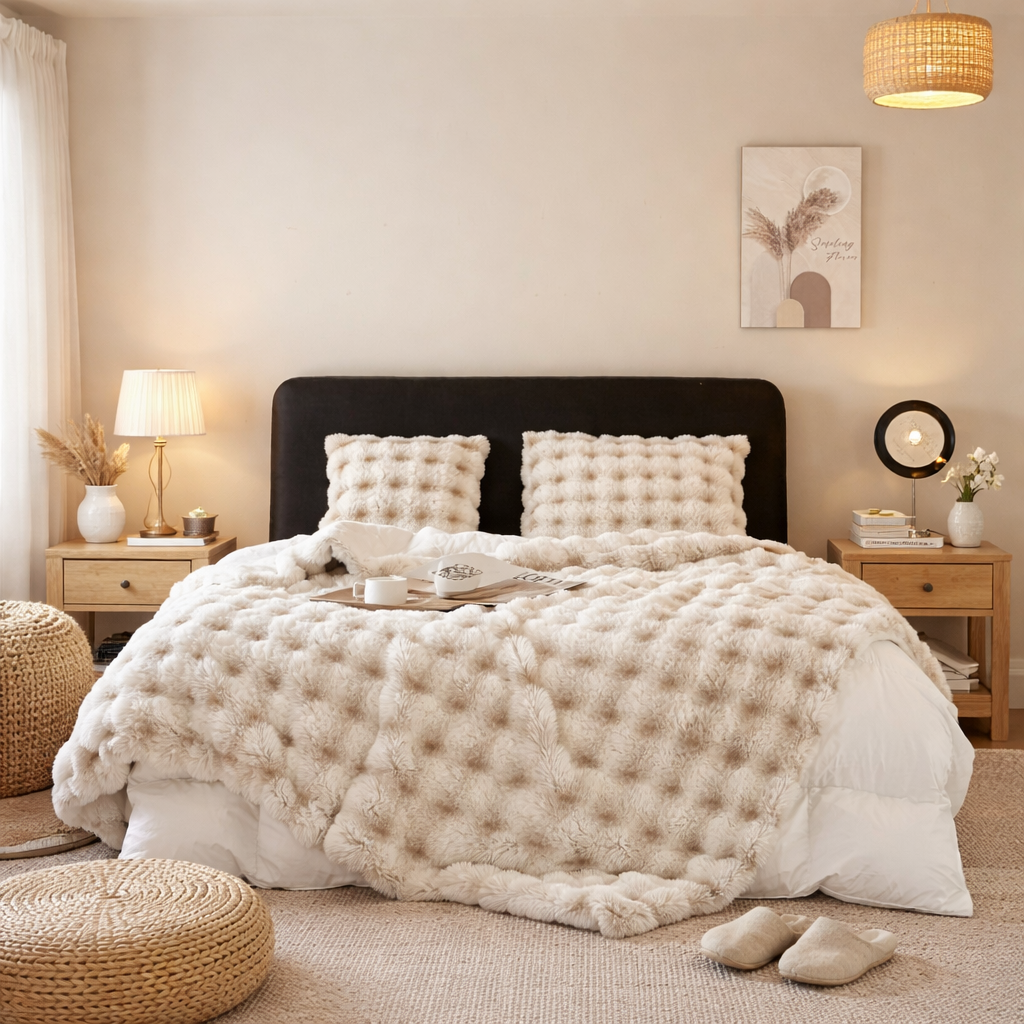 Beige Luxury Tufted Faux Fur Throw Blanket