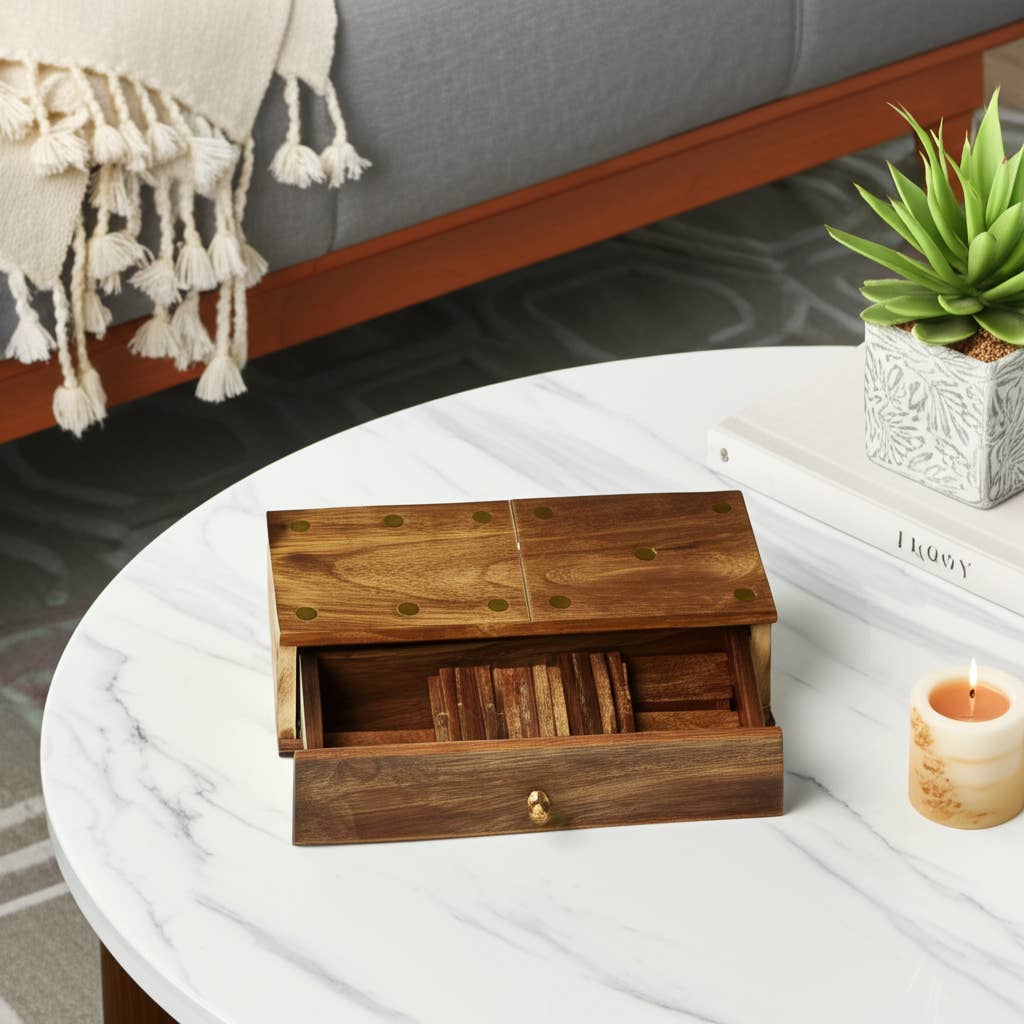 Mango Wood Pull-Out Drawer Domino Game Set - Brown, 9 in.