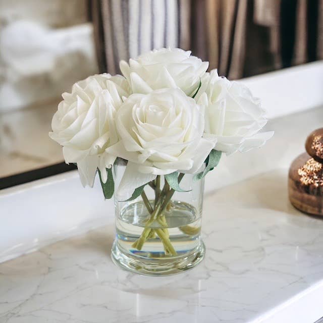 White Rose Floral Arrangement | Real Touch Roses Faux Water