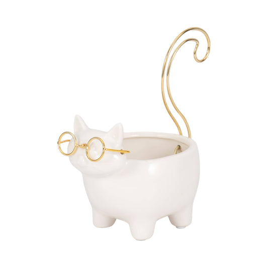 Ceramic Boho Novelty Cat Trinket Tray - White/Gold, 6 in.