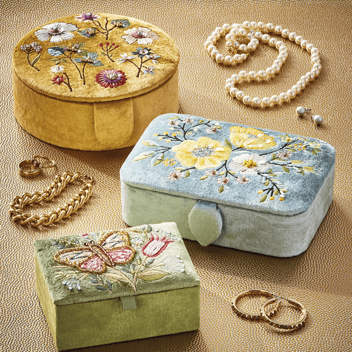 Butterfly Embroidered Rectangle Box Green Velvet Fabric