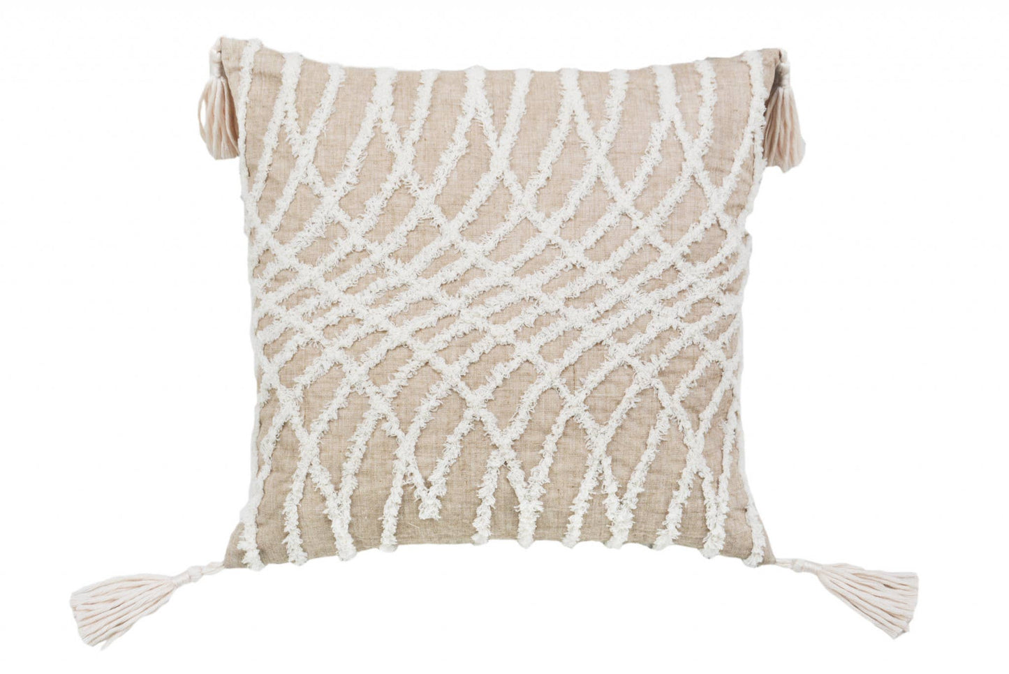17" X 17" Taupe White Interlocking Throw Pillow With Tassels
