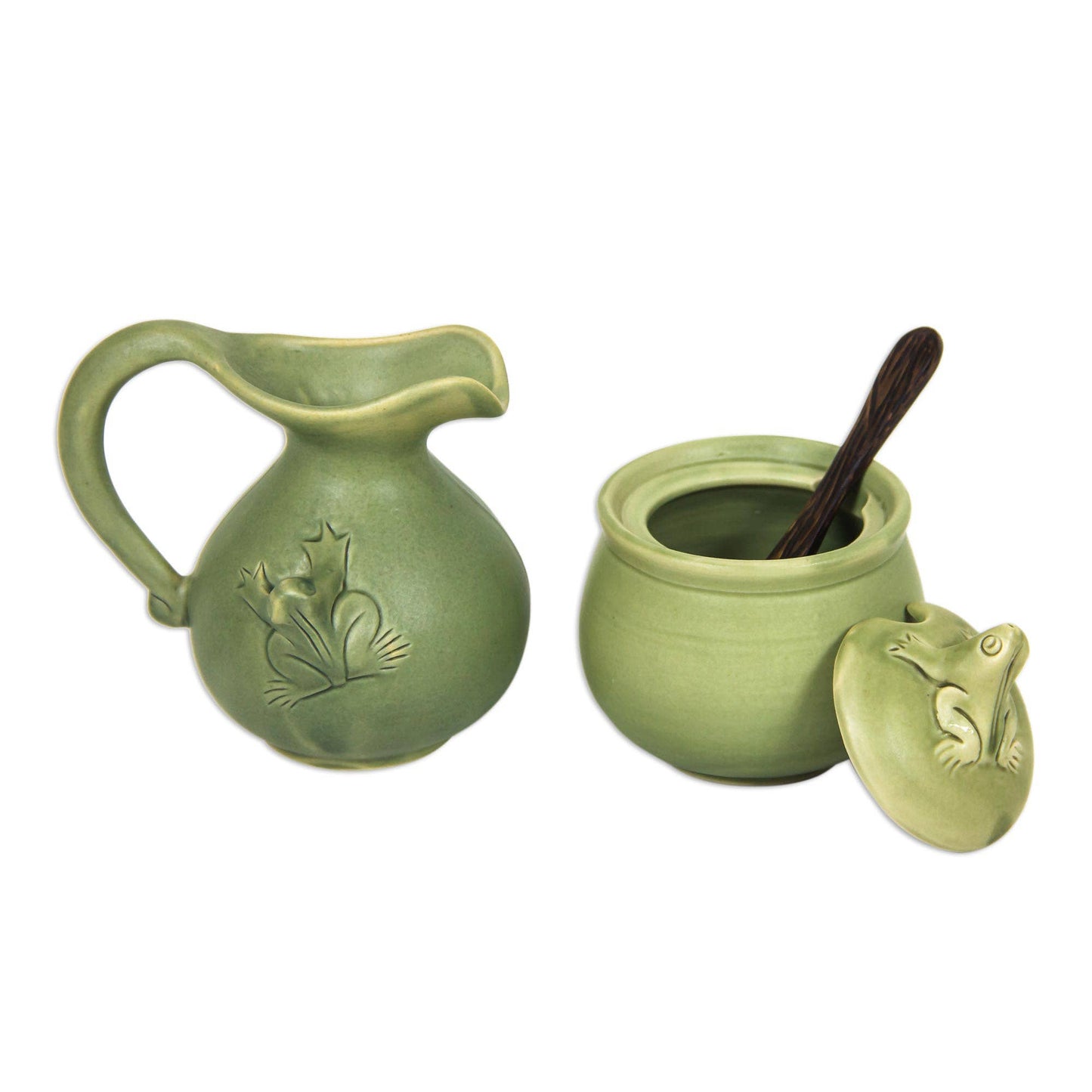 Novica Handmade Fancy Frogs Ceramic Sugar Bowl And Creamer