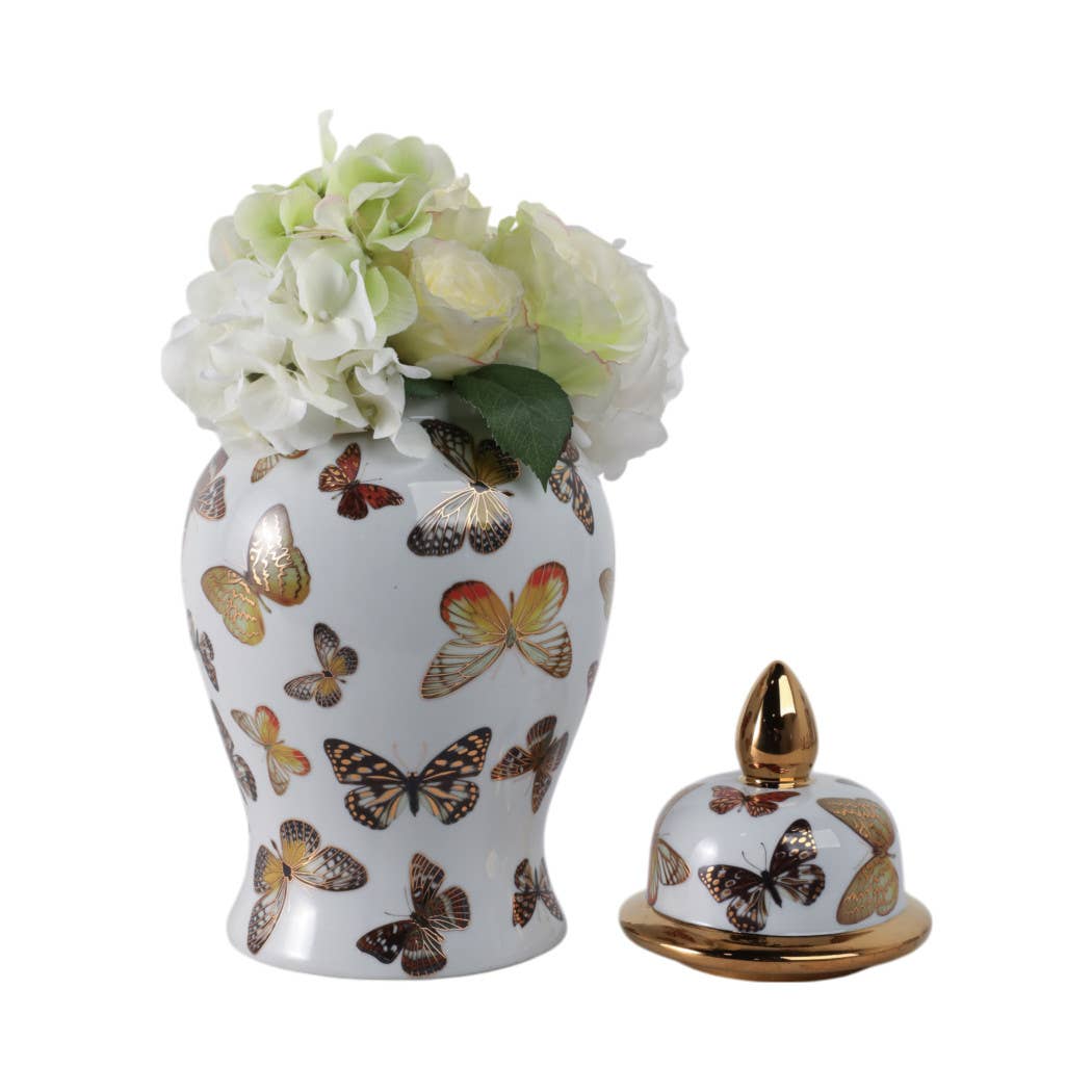 Decorative Jar- White/Gold Ceramic Tall Butterflies, 14.5in.