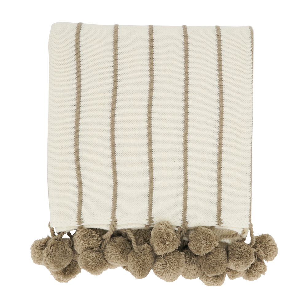 Ivory Pom pom Striped Woven 50"x60" Throw Blanket