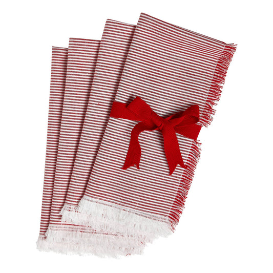 Pinstripe Fringe Napkin Set of 4 - Red, Multi