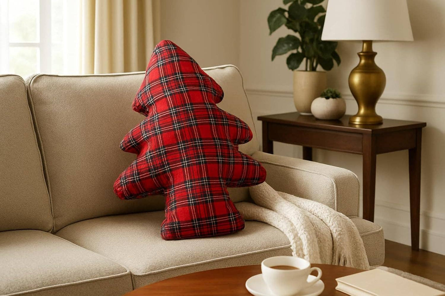 Red Tartan Plaid Christmas Tree Shaped Filled Pillow
