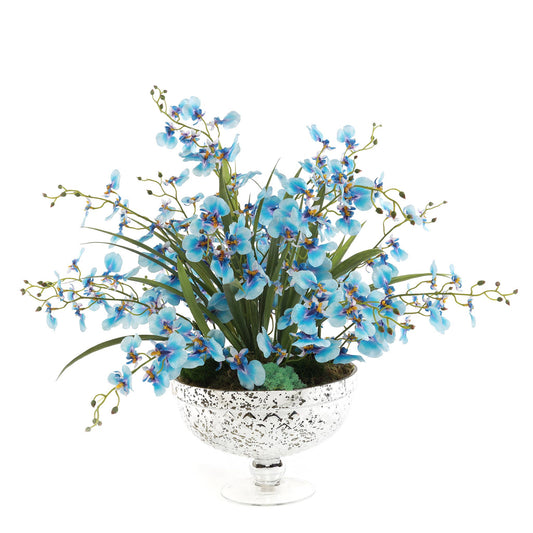 Blue Silk Oncidium Orchid Arrangement in Antique Silver Vase