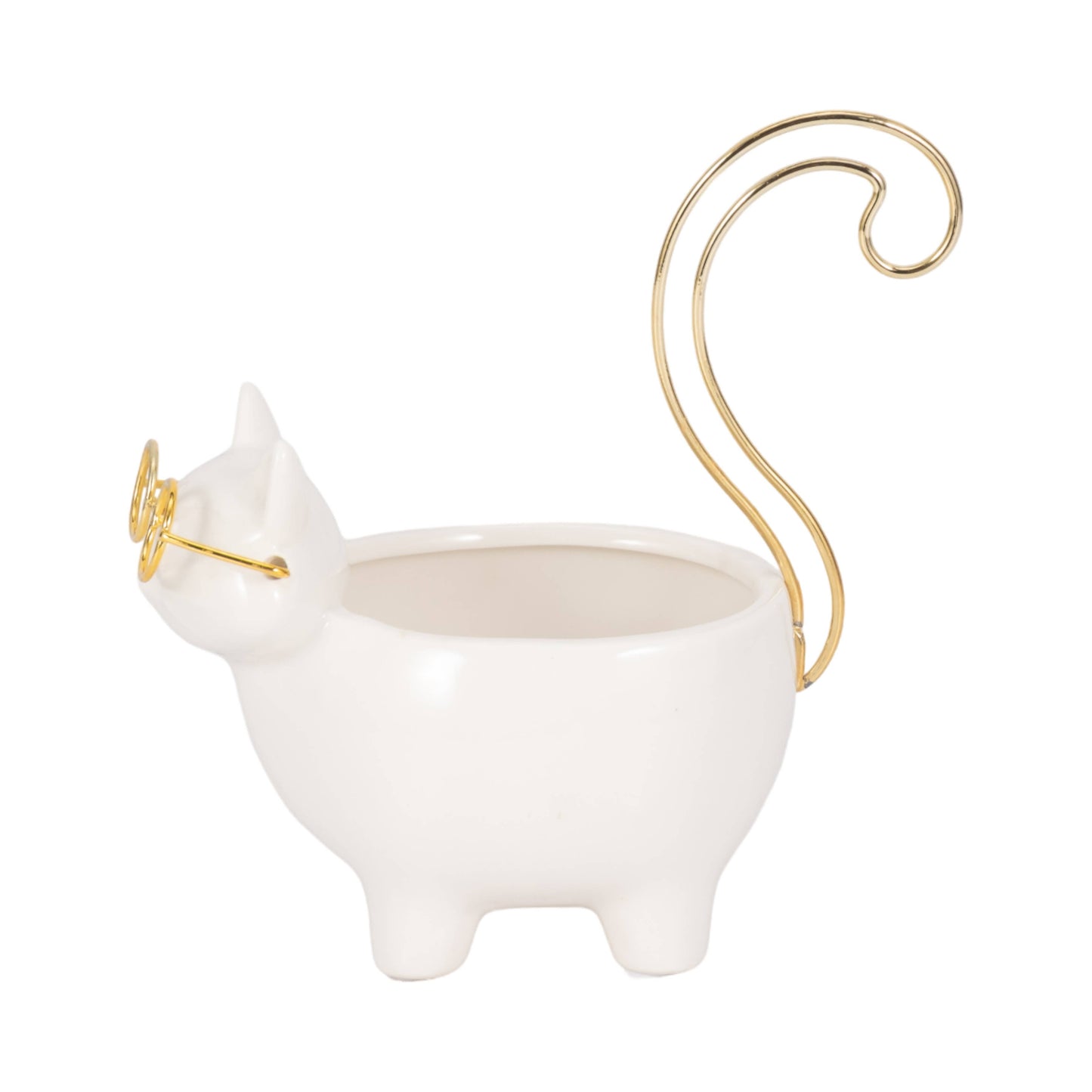 Ceramic Boho Novelty Cat Trinket Tray - White/Gold, 6 in.
