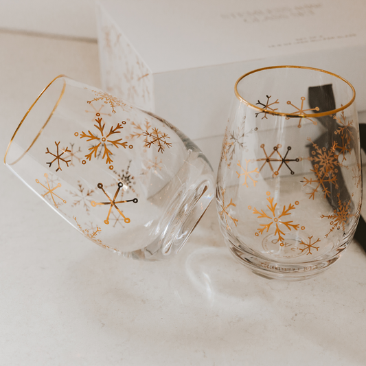 *NEW* Snowflakes Stemless Wine Glasses, Boxed Set of 2