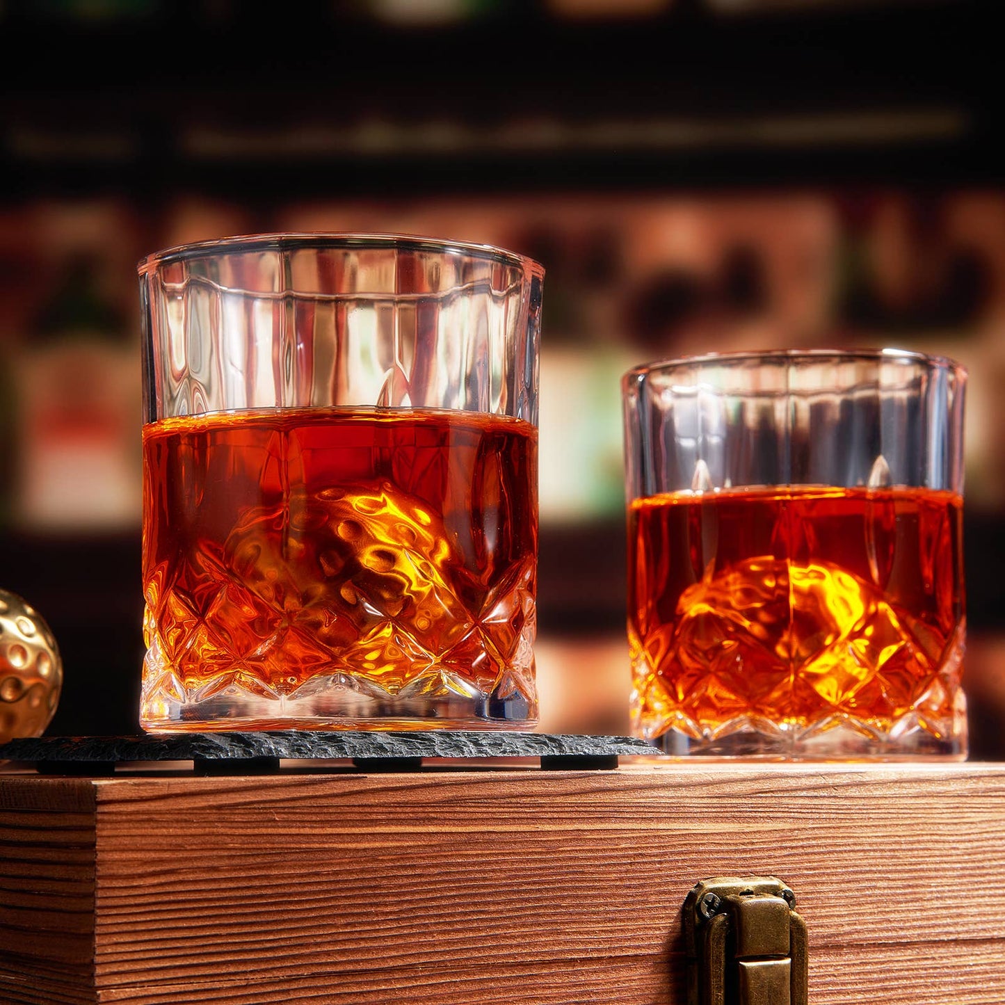 Golf Ball Whiskey Chillers & Glasses With Wood Gift Box