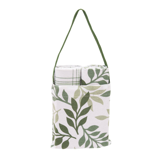 Fall/Harvest Green Leaves Plaid Kitchen Towel & Bag Set