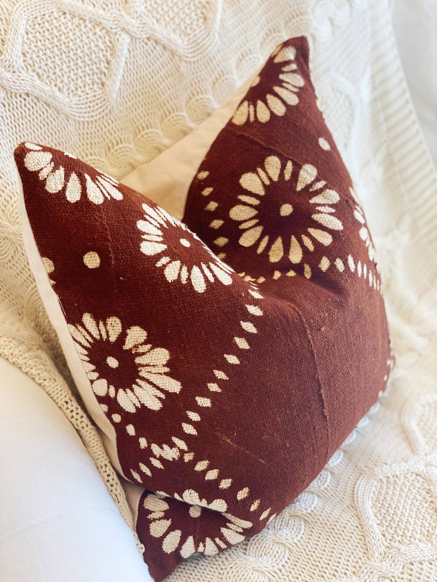 Authentic Mudcloth Rust Boho Flower Pillow