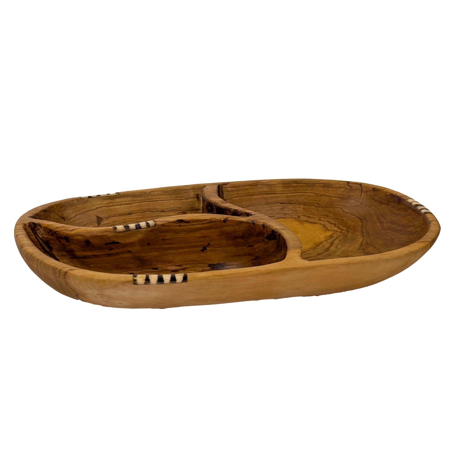 Tri-Section Olive Wood Serving Platter with Batik Bone Accent
