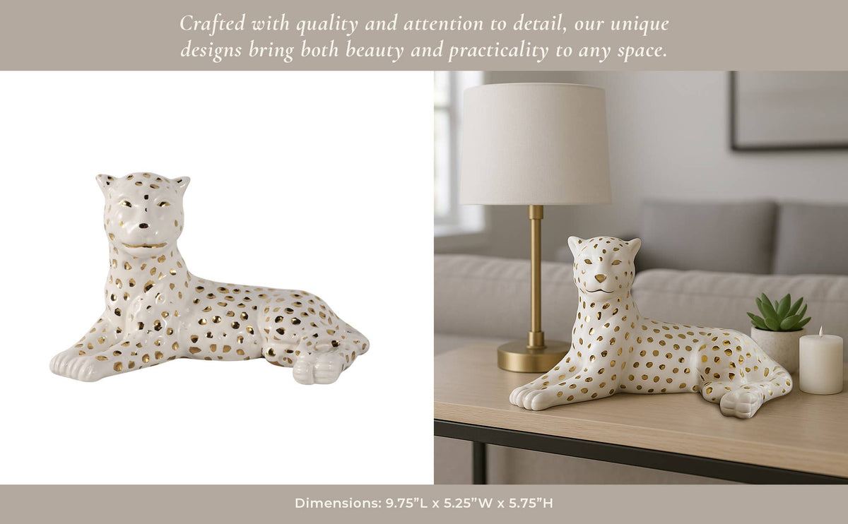 Figurine White/Gold Ceramic Leopard Lying Down, 10 in.