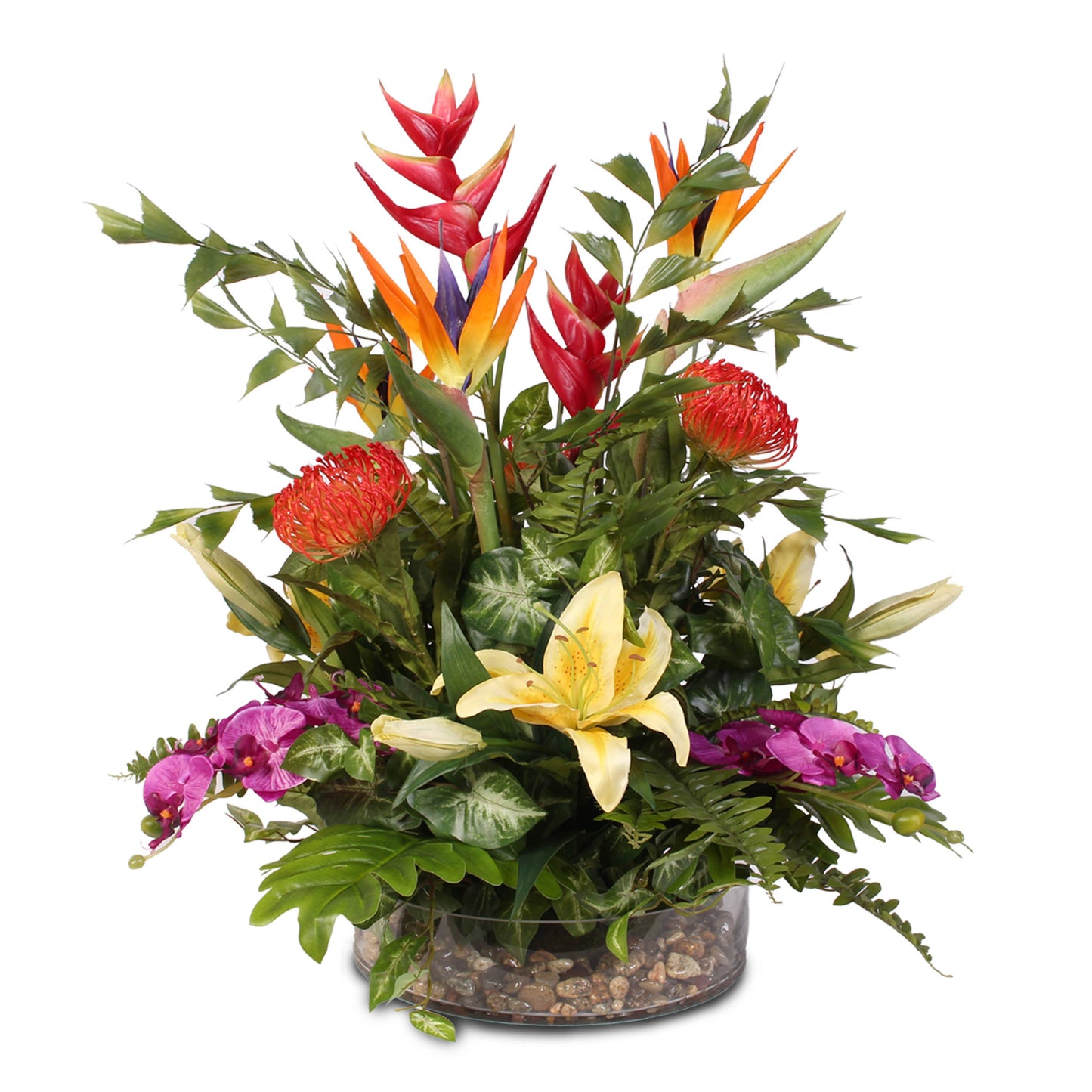 Exotic Tropical Silk Floral with Pebbles  in Glass Bowl