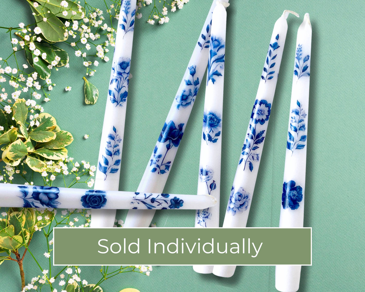 Blue Vintage Floral Taper Candles, Blue Antique Candlesticks