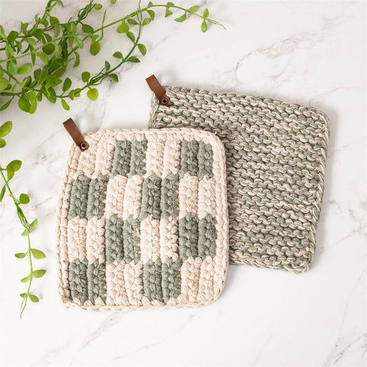 Knitted Potholder - Sage and Cream