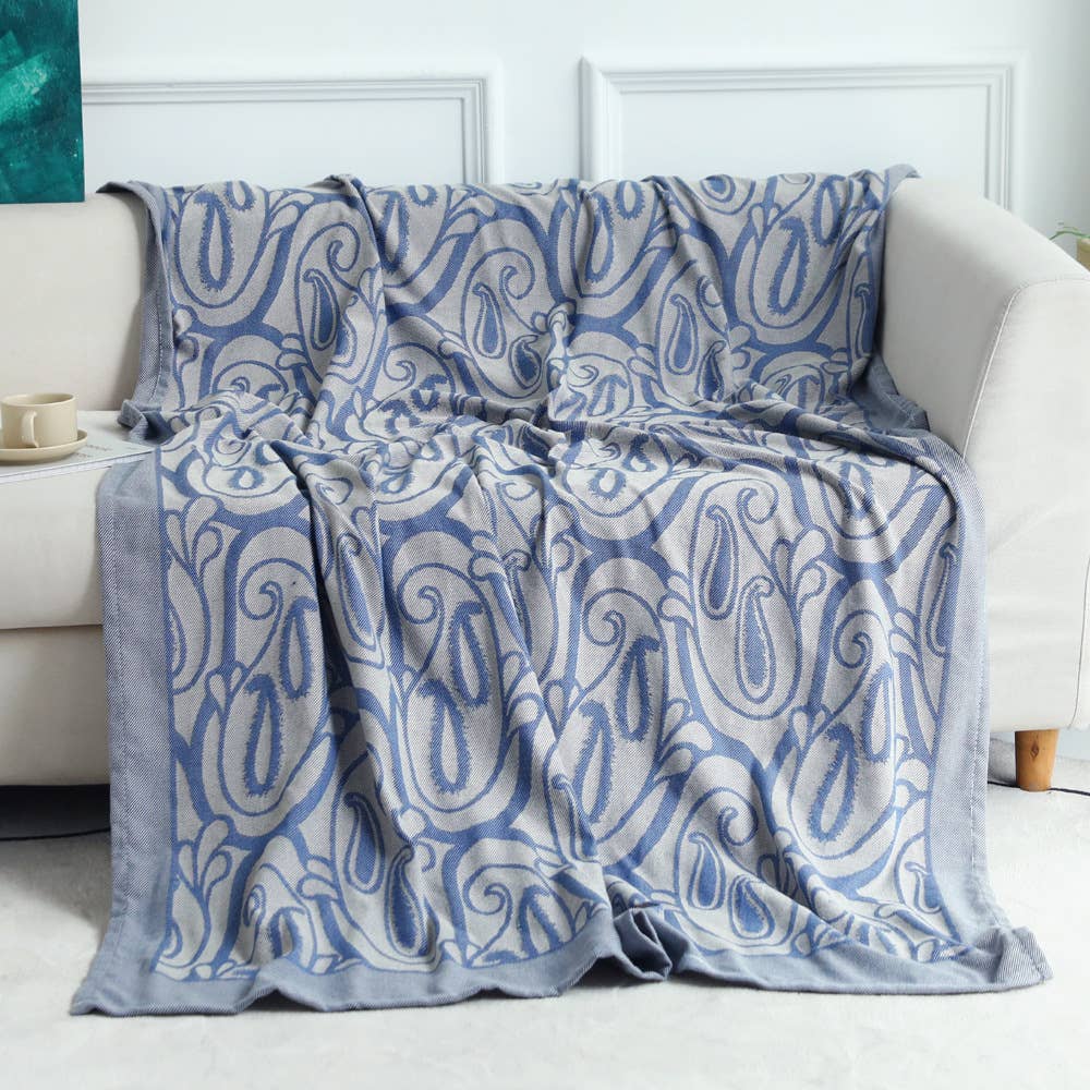 Blue-grey Paisley Knit Tasseled 50"x60" Throw Blanket
