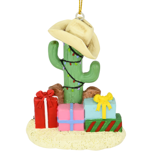 Cactus Christmas Tree with Cowboy Boots Cowboy Hats and Presents Ornament