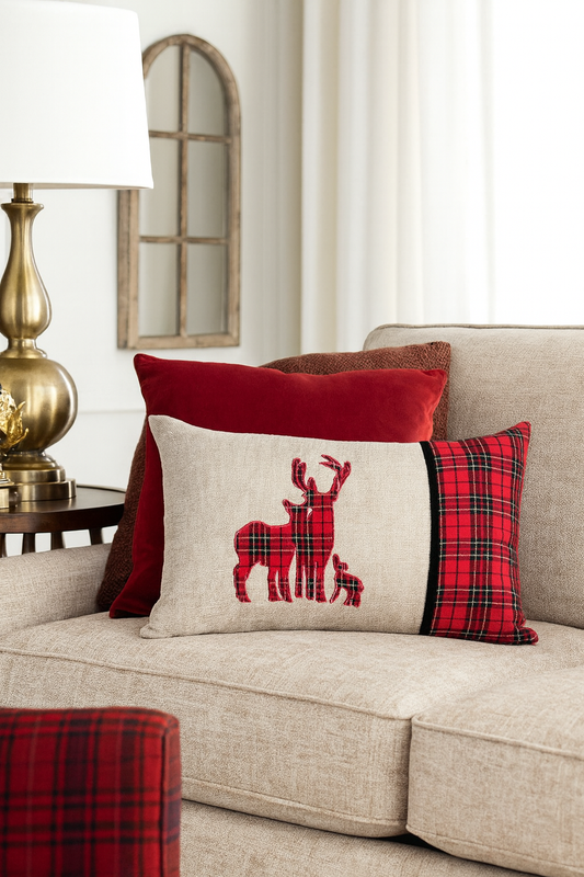 Reindeer Tartan Plaid Decorative Lumbar Throw Pillow