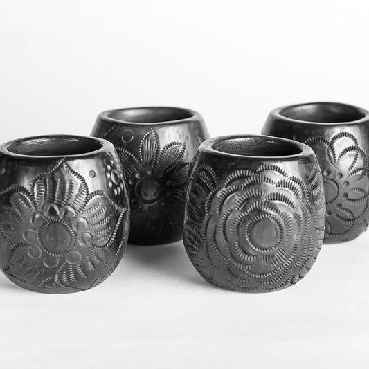 Black Clay Mexican Shot Glasses - Set of 4 - 2 Oz -Barrel