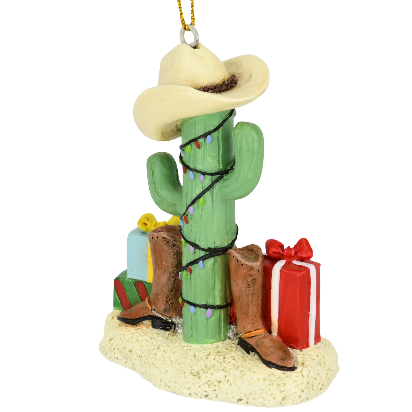 Cactus Christmas Tree with Cowboy Boots Cowboy Hats and Presents Ornament