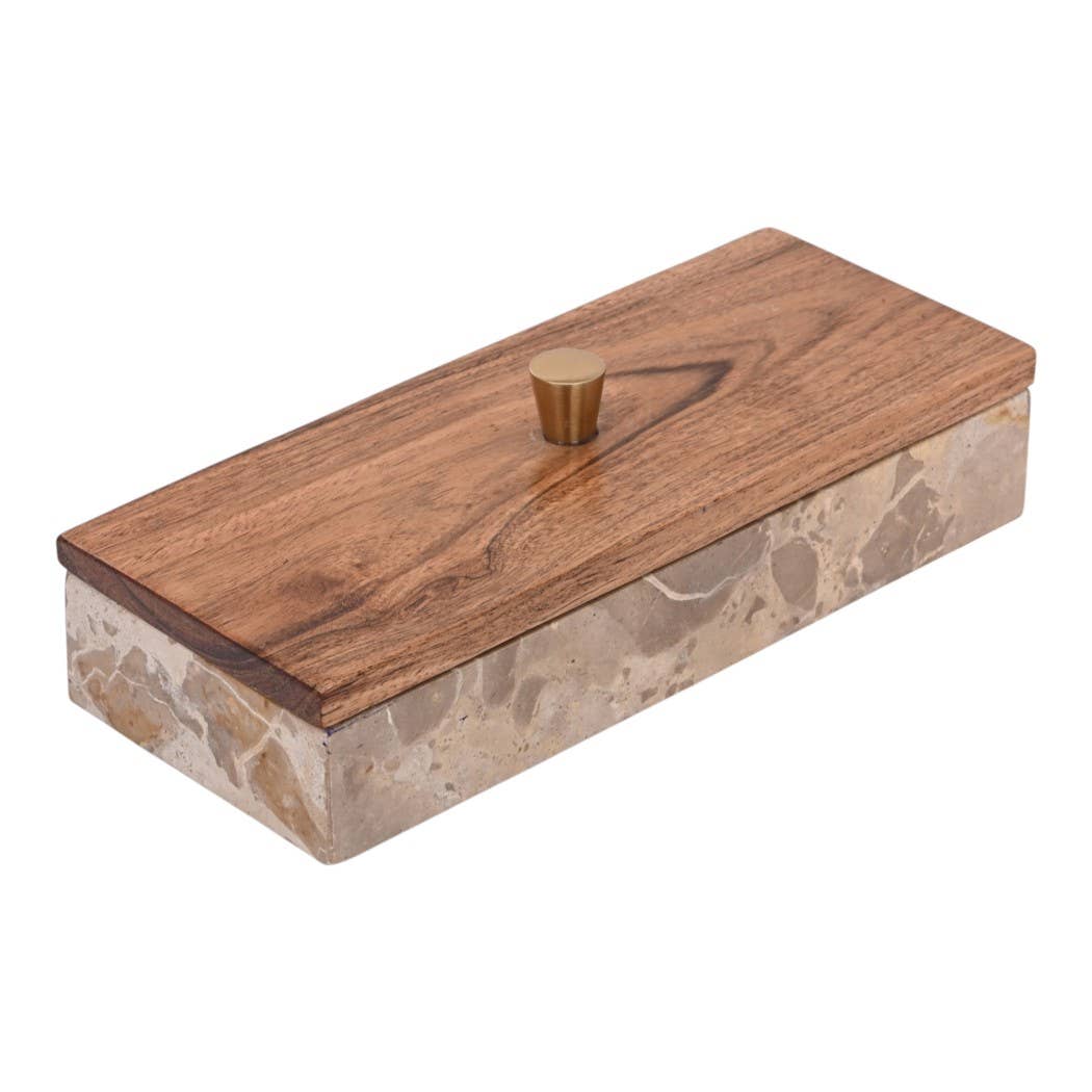 10x3" Leopard Marble Box With Mango Wood Lid And