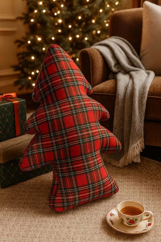Red Tartan Plaid Christmas Tree Shaped Filled Pillow