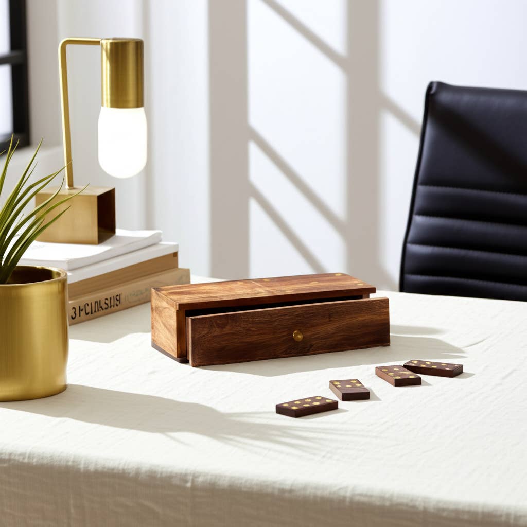 Mango Wood Pull-Out Drawer Domino Game Set - Brown, 9 in.