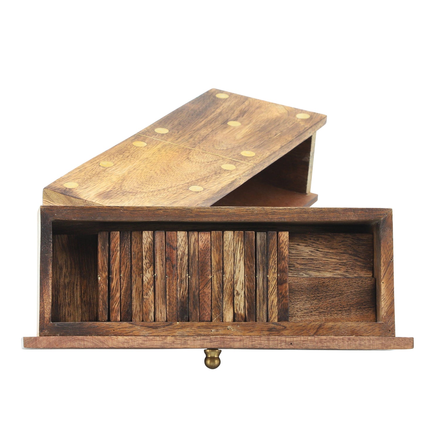 Mango Wood Pull-Out Drawer Domino Game Set - Brown, 9 in.