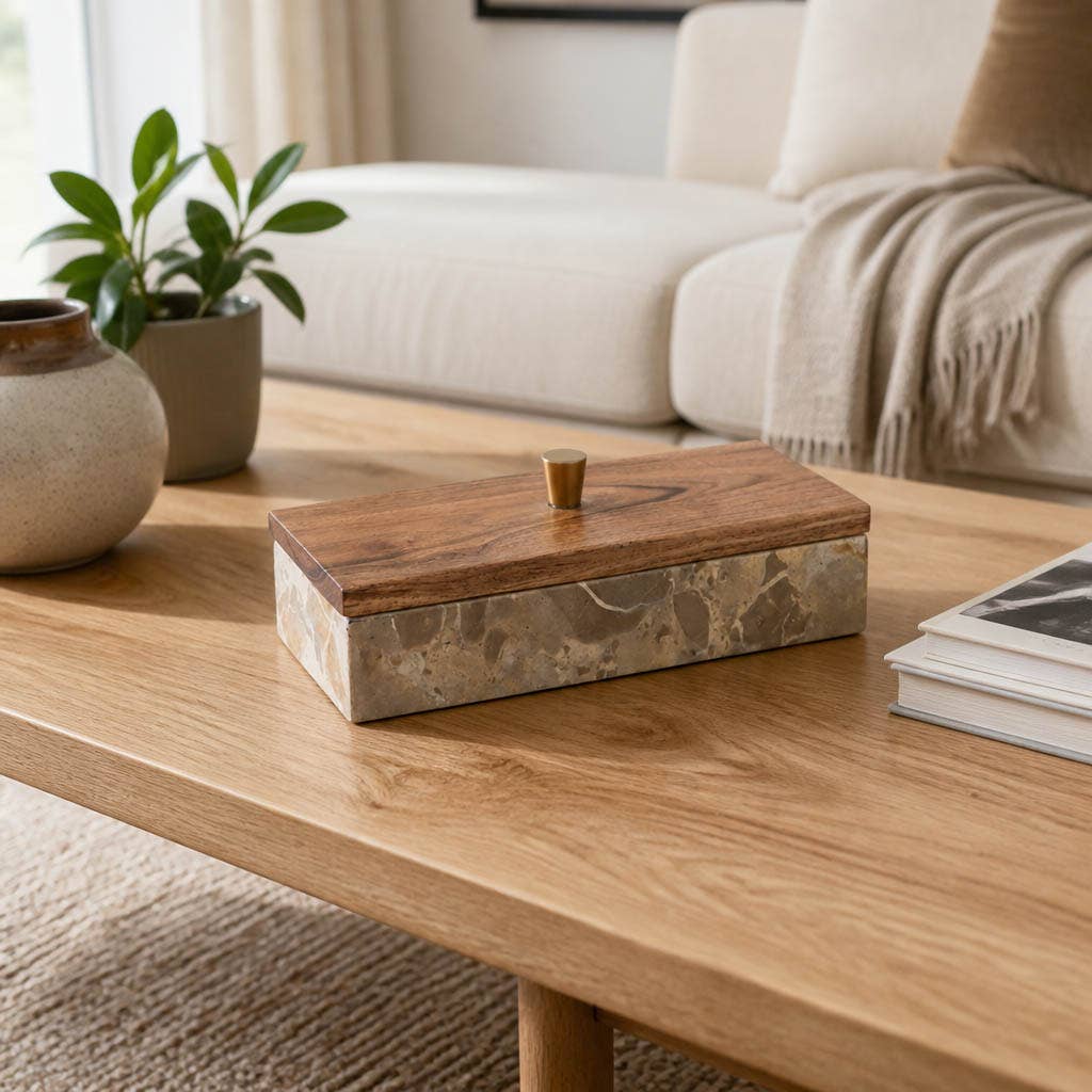 10x3" Leopard Marble Box With Mango Wood Lid And