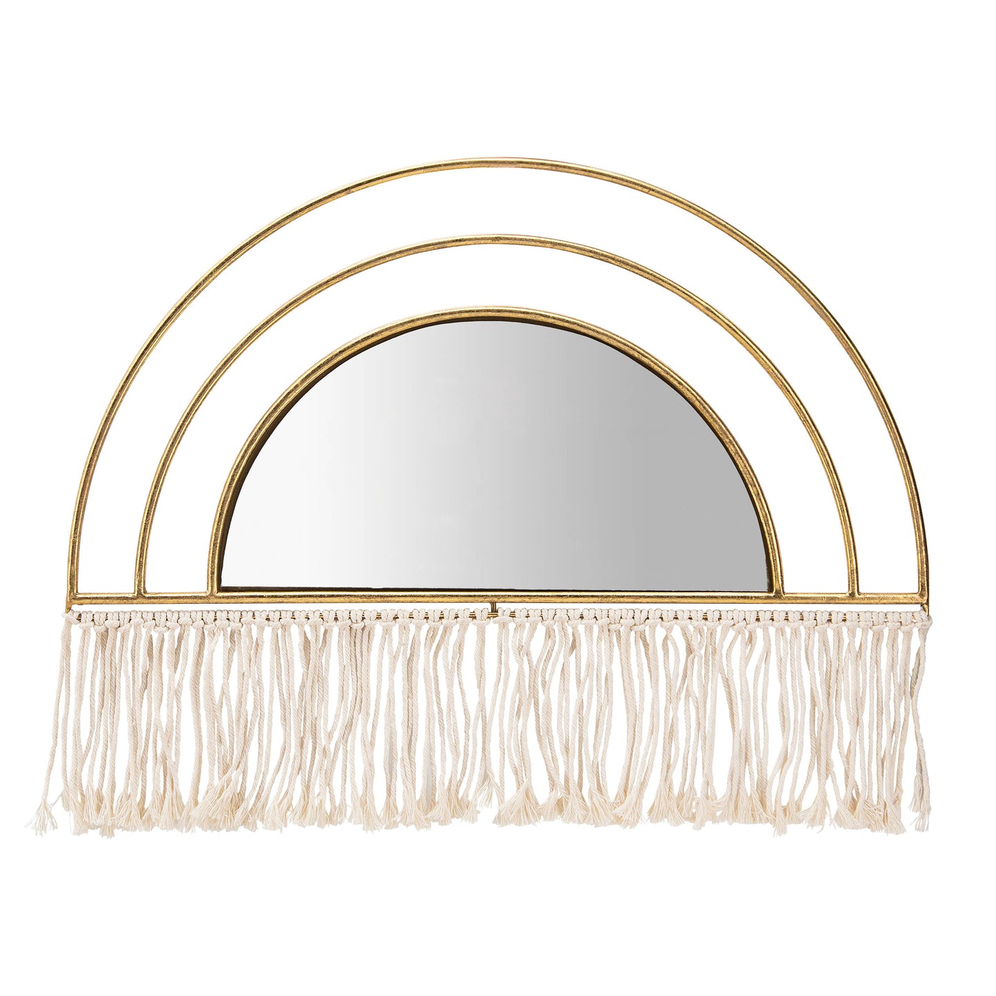 Metal Wood Arched Wall Mirror Macrame Accents - Gold, 17 in.